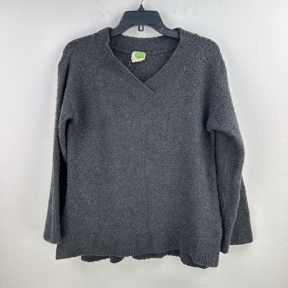 Anthropologie Sweater Womens Small Gray Fuzzy Vneck Boxy Fit Boho Teddy